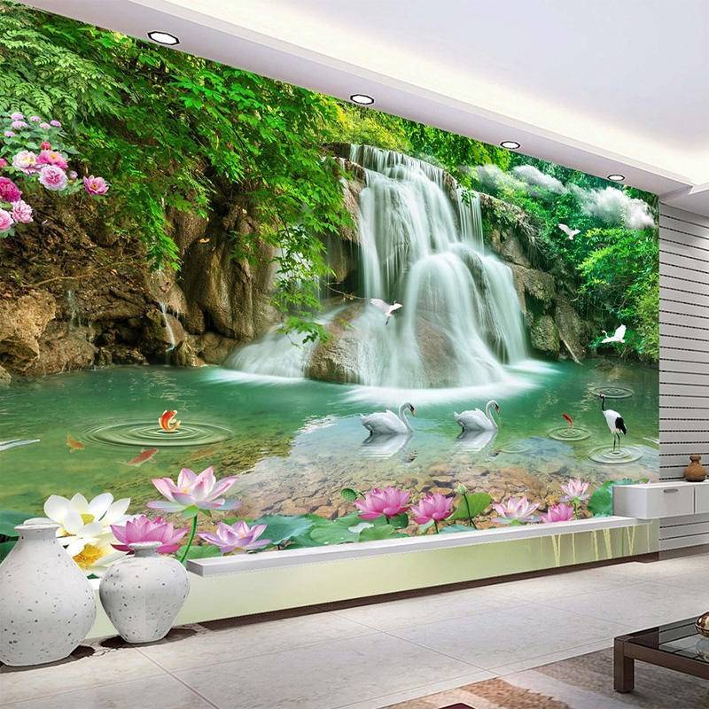 ที่กําหนดเองน้ําตกแม่น้ําสีขาวหงส์ต้นไม้สีเขียวธรรมชาติพระภูมิทัศน์3งภาพภาพจิตรกรรมฝาผนังวอลล์เปเปอร์สําหรับห้องนั่งเล่นห้องนอนผนังกระดาษตกแต่งบ้านสติก