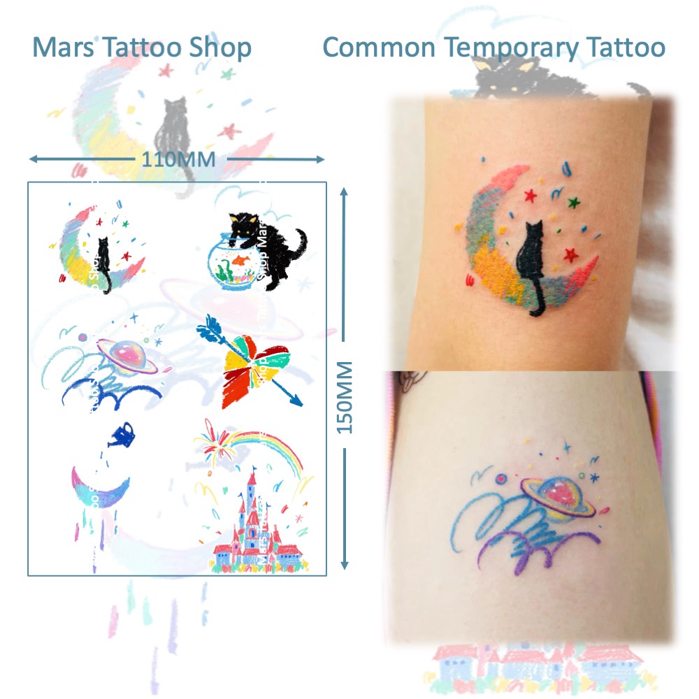 Mars Tattoo สติ๊กเกอร์รอยสักชั่วคราว ติดทนนาน แบบแมว ดวงจันทร์ ปราสาท CD010