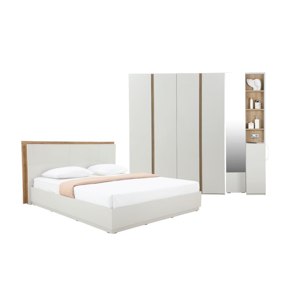 INDEX LIVING MALL ชุดห้องนอน รุ่นเฮซ ขนาด 5 ฟุต (เตียง(พื้นเตียงซี่), ตู้เสื้อผ้า 4 บาน, โต๊ะเครื่องแป้ง) - สีเทาอ่อน/ไลท์ โอ๊ค