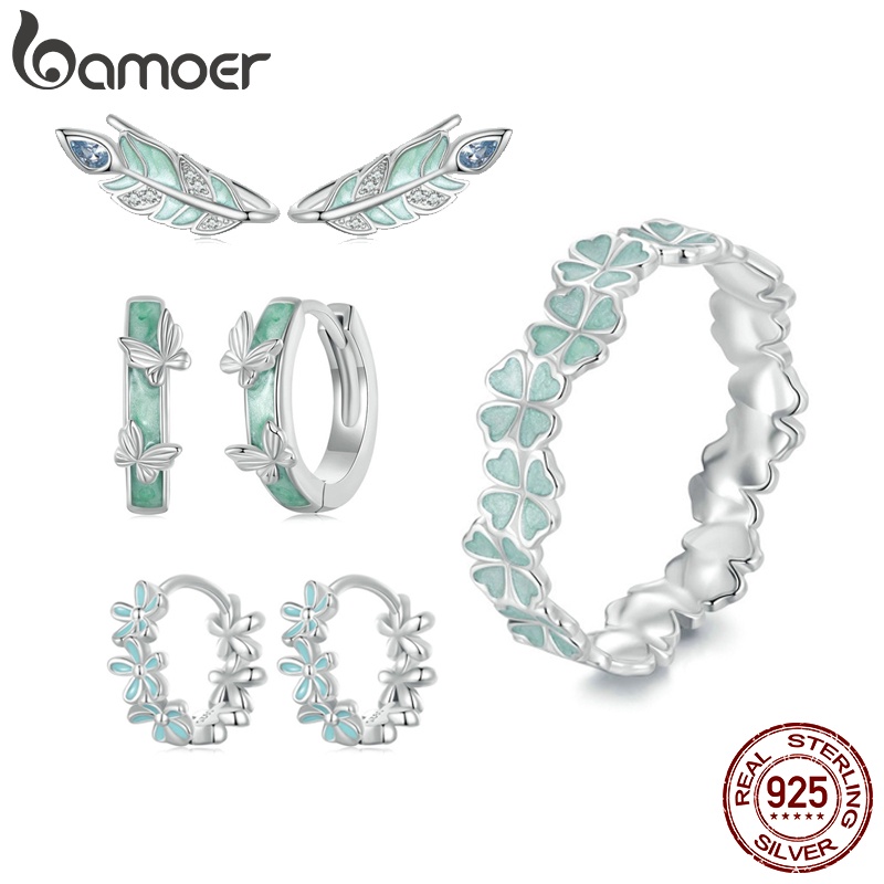 Bamoer ต่างหูเงินสเตอร์ลิง 925 รูปดอกไม้ ผีเสื้อ สีเขียว เครื่องประดับ สําหรับผู้หญิง