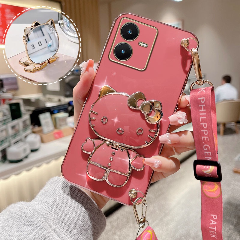 เคส Vivo Y22 เคส vivo Y21 Y51 2020 Y31 Y36 4G 5G Y22S Y35 Y52S เคสโทรศัพท์สายรัดข้อมือลาย Hello Kitty แว่นแต่งหน้า สุดหรู + เชือกเส้นเล็กฟรี