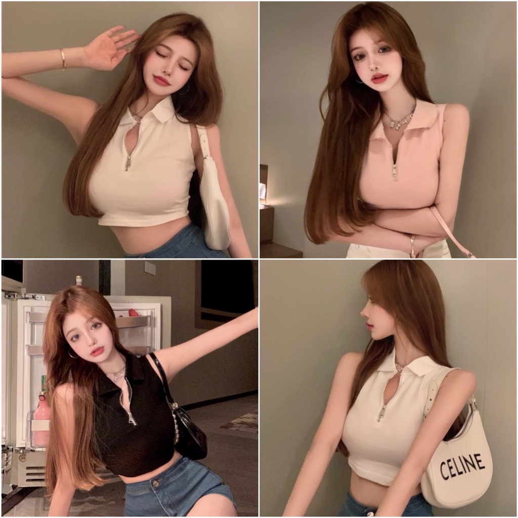 พร้อมส่ง เสื้อโปโลผู้หญิง แขนกุดครอป งานซิป เสื้อยืดแฟชั่น ผ้าบางเบา