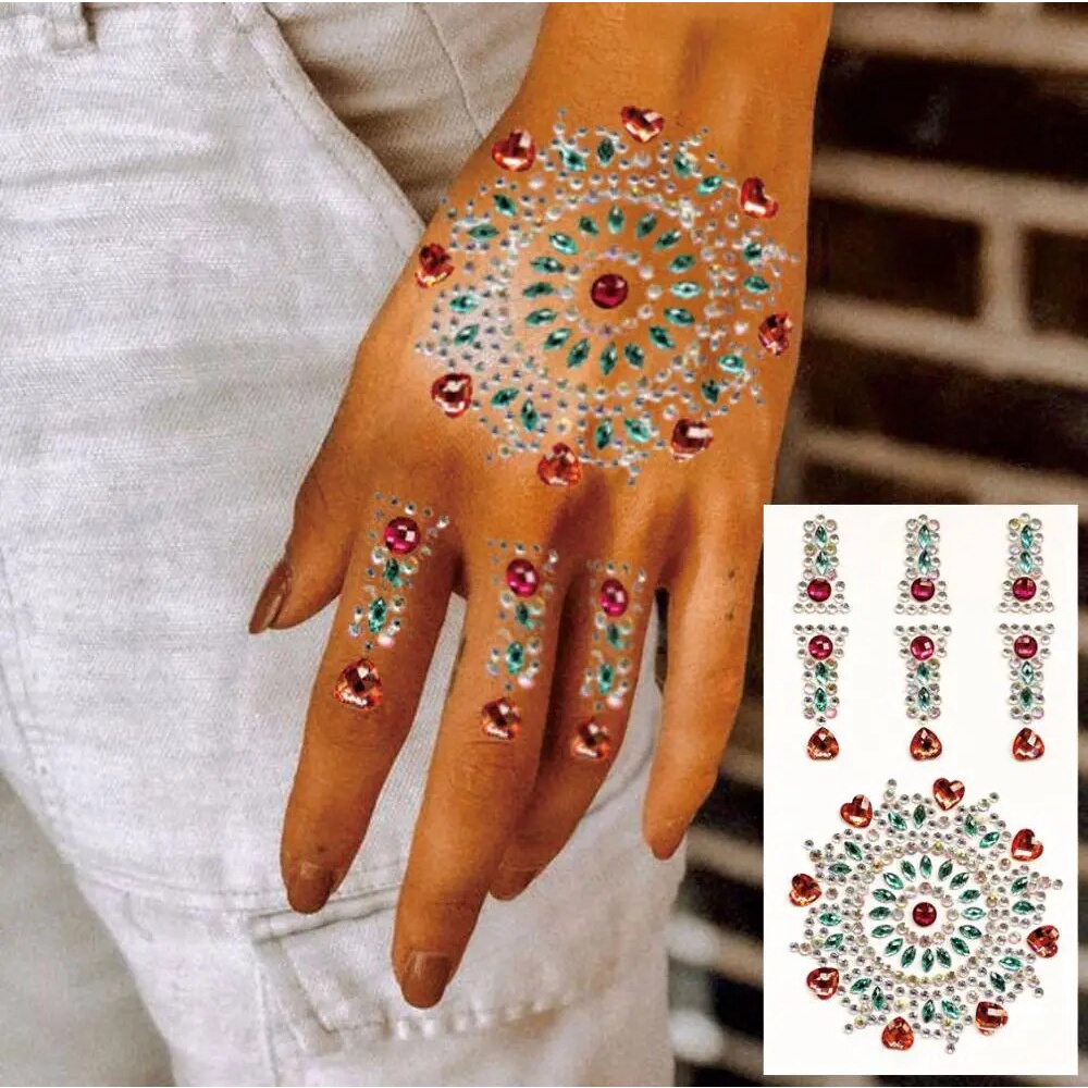 HTJ02 1 Pc  Henna Style Hand Gem Sticker High Quality Rhinestone Hand And Body Jewelry Sticker