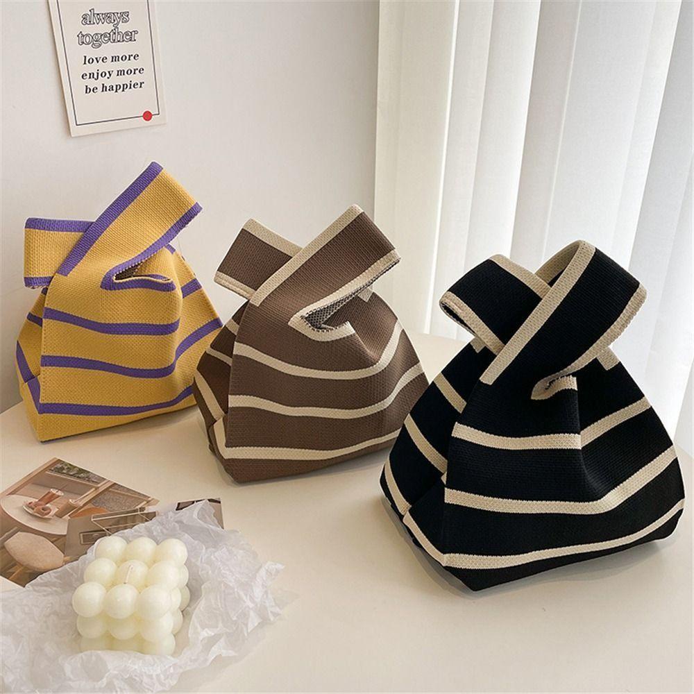 HOBBYIN Knit Handbag Reusable Casual Wide Stripe Handmade Plaid Tote Bag