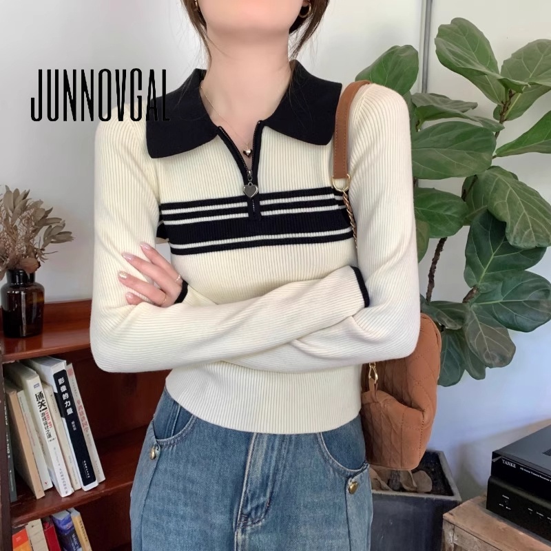 Junnovgal เสื้อคาร์ดิแกนลําลอง แขนยาว คอปก สีตัดกัน สําหรับผู้หญิง 2023