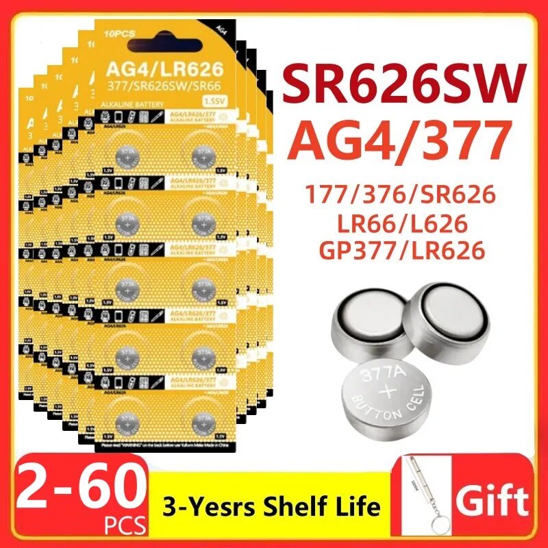 2PCS-50PCS 1.55V AG4 377 Button Batteries SR626SW SR626 Cell Coin Alkaline Battery 177 376 626A LR66