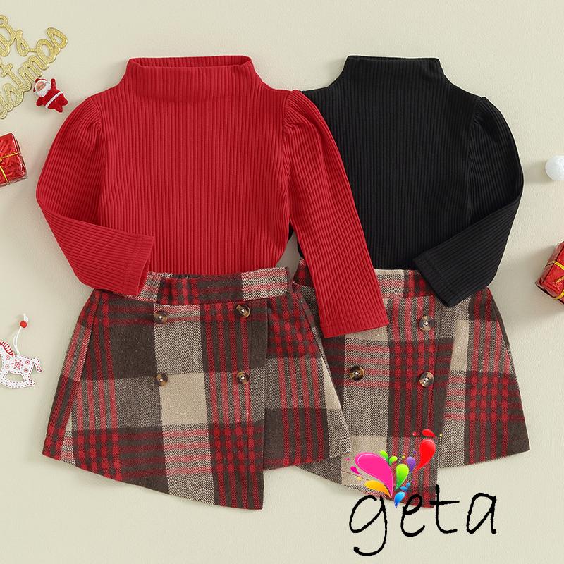 Geta-kids Girls Christmas Clothes Set เสื้อยืดคอเต่าแขนยาวกระโปรงลายสก๊อตไม่สม่ําเสมอ