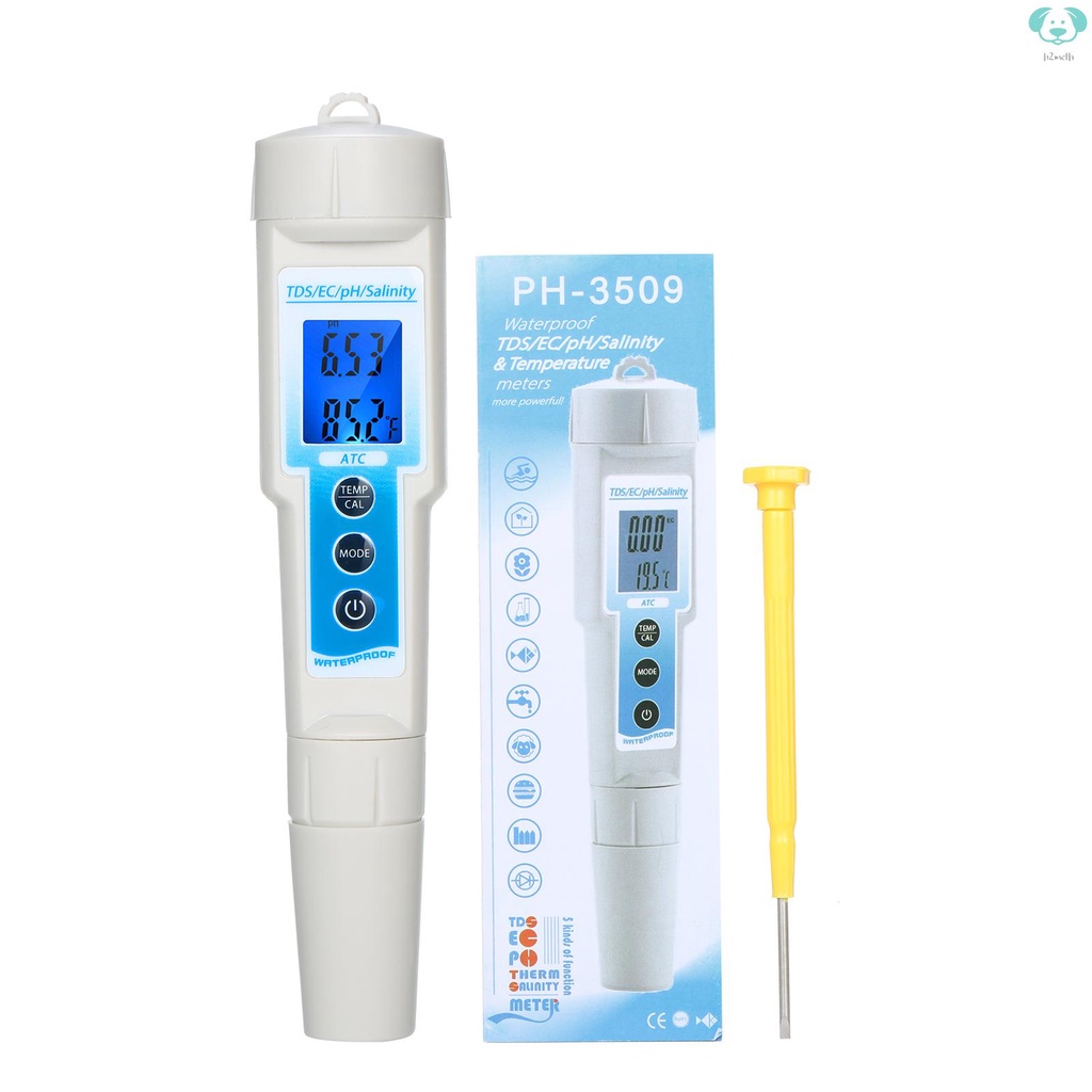 5-in-1 pH Meter with ATC Function - Waterproof Salinity Meter for Water Quality Testing