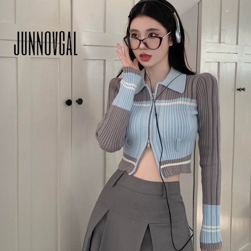 Junnovgal เสื้อคาร์ดิแกนลําลอง แขนยาว คอปก เข้ารูป สีตัดกัน สําหรับผู้หญิง 2023