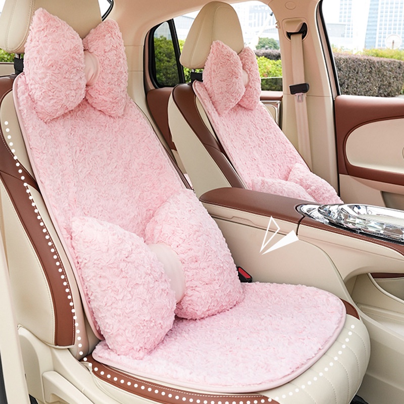 New style Winter Automotive Headrest Rabbit Fur Brushed Rose Car Neck Pillow Pillow Fashion Simple Car Lumbar Support Pillow Female car interior accessories