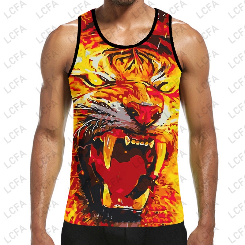 Flame Tiger 3D พิมพ์รูปแบบผู้ชาย 3D เสื้อกั๊ก O คอแขนกุด Street ยี่ห้อ Jersey Tank Top Country Stree