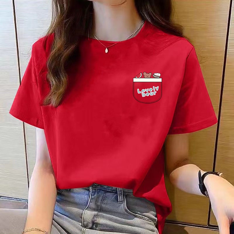 เสื้อยืดคอกลม แขนสั้น ทรงหลวม สีแดง แฟชั่นสําหรับผู้หญิง