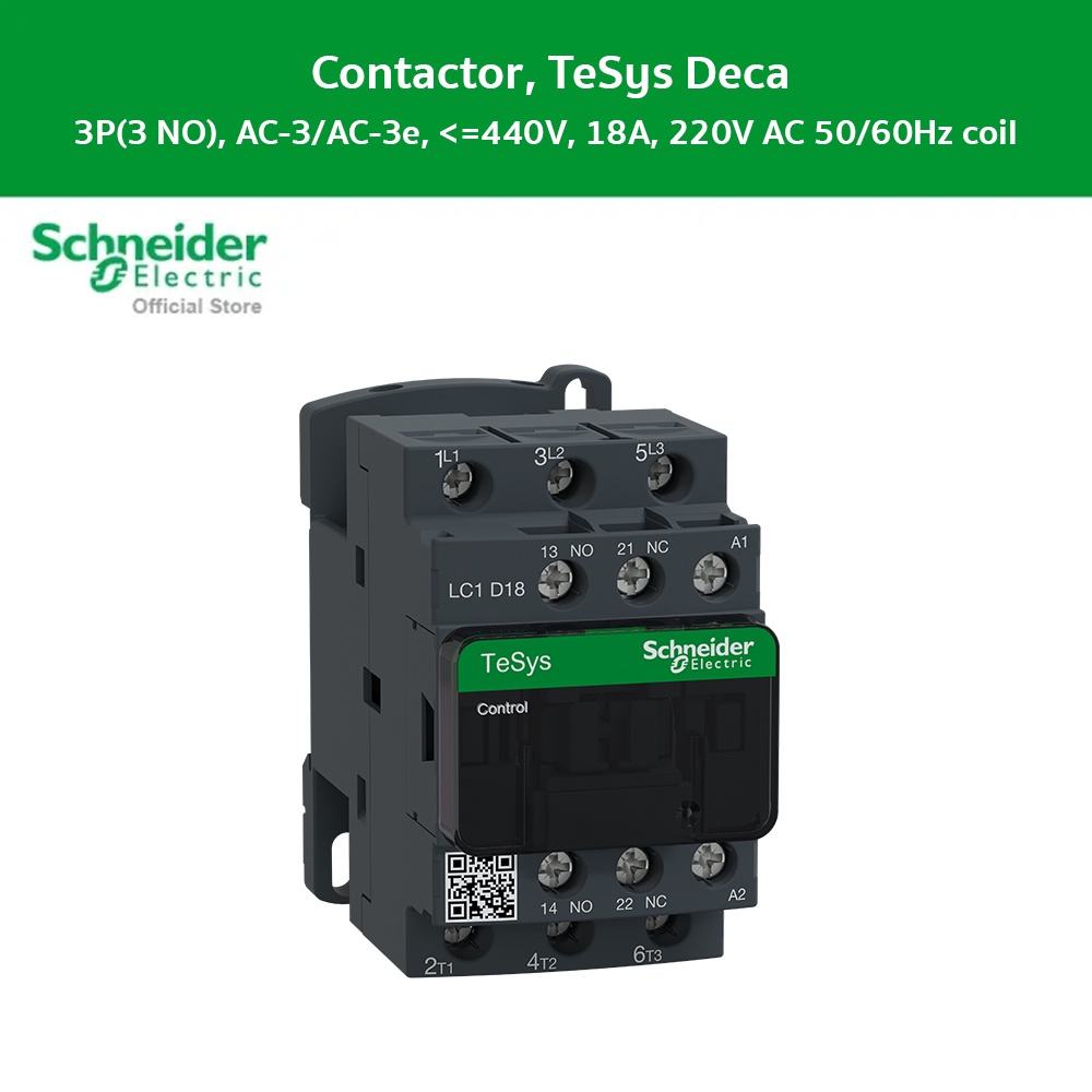 Schneider Electric Contactor,TeSys Deca,3P(3NO),AC-3/AC-3e,<=440V,18A,220V AC 50/60Hz coil (LC1D18M7)