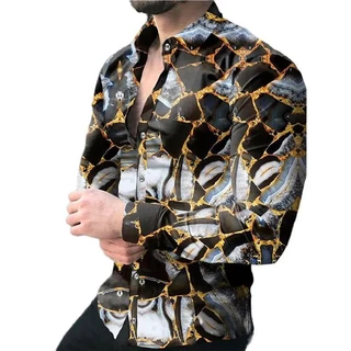 หรูหราสังคมผู้ชายเปิดลงปกปุ่มเสื้อลําลองบาร็อคพิมพ์เสื้อแขนยาวบุรุษเสื้อผ้าพรหมคาร์ดิแกน