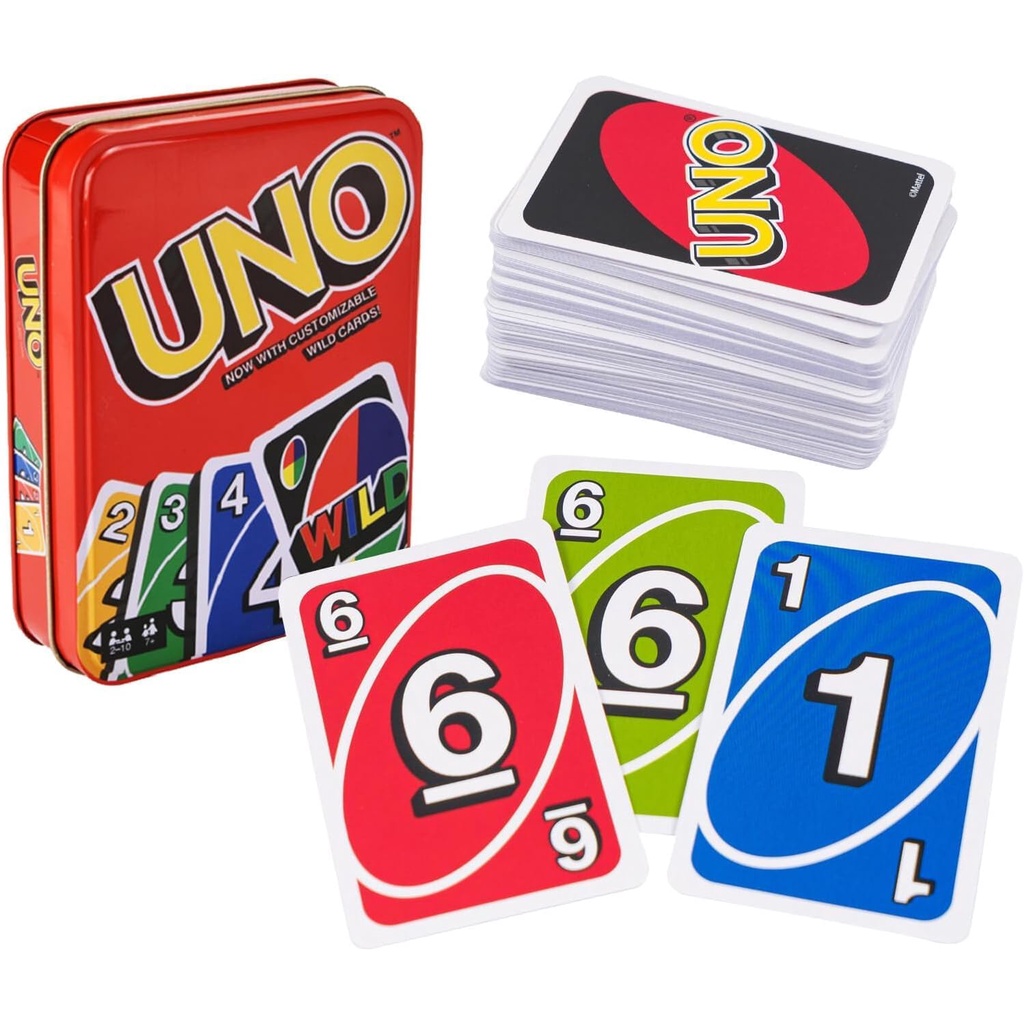 Uno การ์ดเกม พร้อมกล่องโลหะ 108 ใบ UNO การ์ดเกมน่าตื่นเต้น UNO Flip Card Games Classic Card Games fo