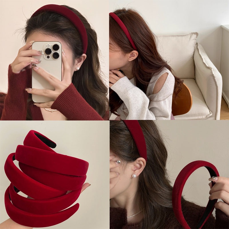 ที่คาดผม ผ้ากํามะหยี่ สีแดง สไตล์จีนวินเทจ สําหรับเด็กผู้หญิง 3 ขนาด