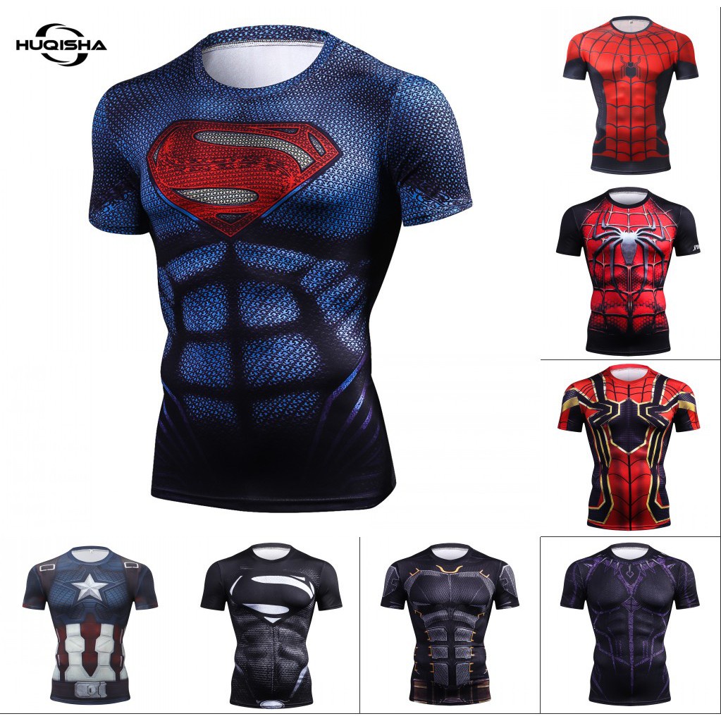 แฟชั่นซูเปอร์แมน 3ง พิมพ์เสื้อยืดผู้ชายเสื้อบีบอัดซูเปอร์ฮีโร่แขนสั้นฤดูร้อนออกกําลังกายถุงน่องแบรนด์เสื้อยืด