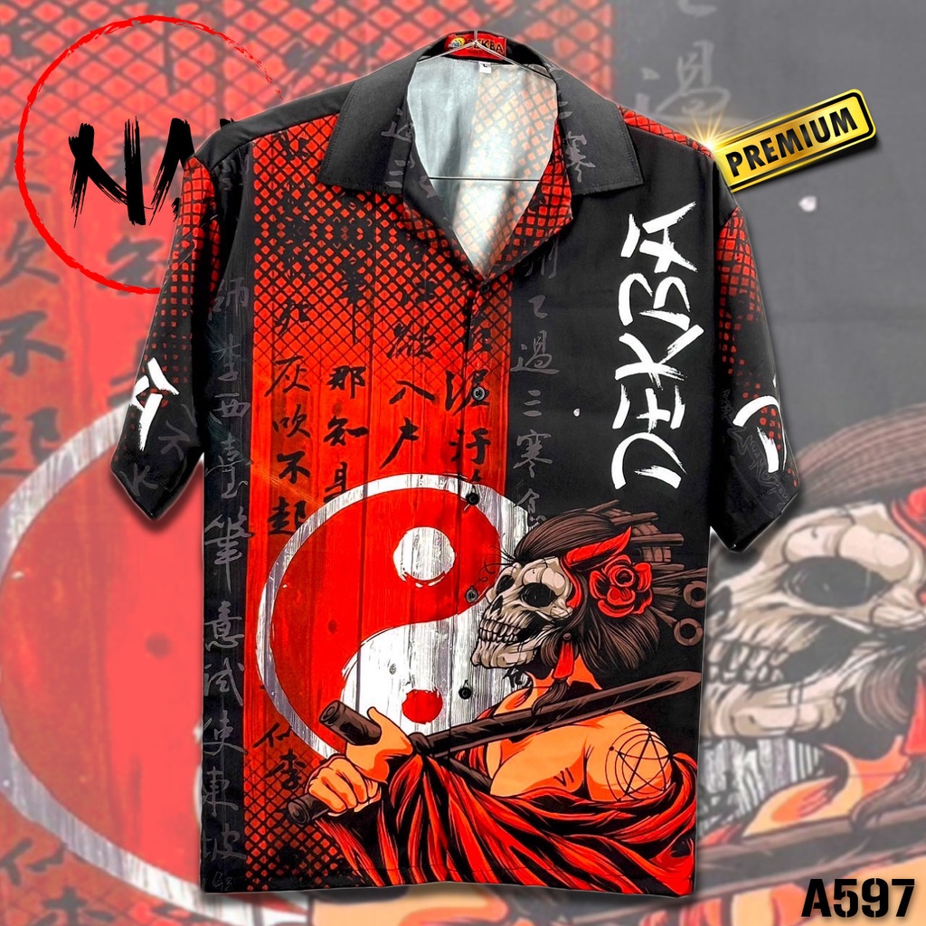 เสื้อฮาวาย ผ้าไหม ลายกะโหลก Geisha A597