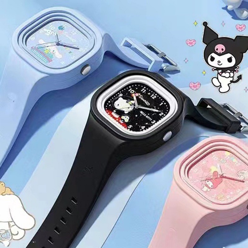 Sanrio นาฬิกาข้อมือควอตซ์แฟชั่น สายซิลิโคนนิ่ม หน้าปัดสี่เหลี่ยม ลาย Hello Kitty Kuromi Melody คุณภาพสูง ให้เป็นของขวัญได้ สําหรับนักเรียน