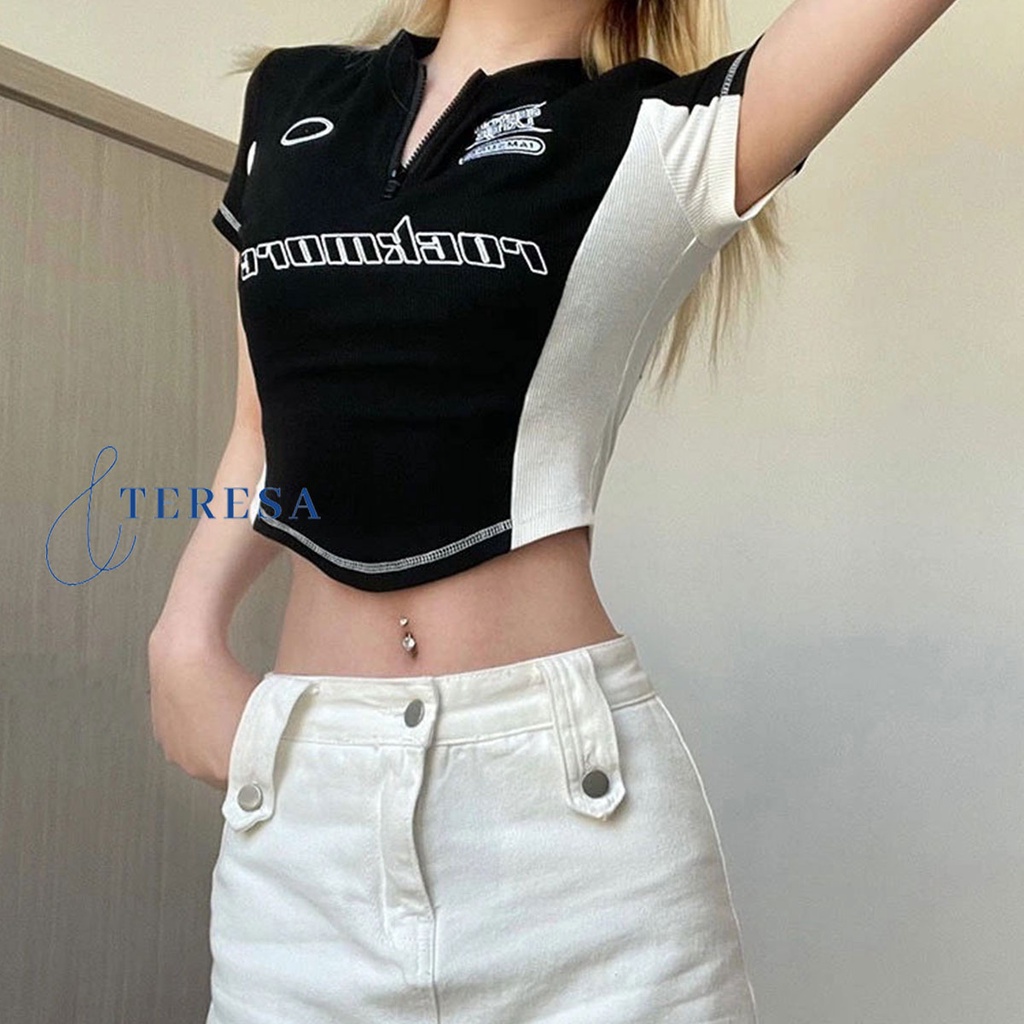 เสื้อยืดครอป กรีนอักษร คอกลม สวมใส่สบาย ทรงสลิมฟิต