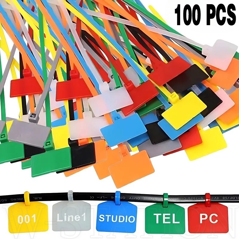 100 ชิ้น ฉลาก สายเคเบิล ผูกคงที่ / เมาท์ รู ซิป ไนล่อน พร้อมแท็ก / ห่วงล็อกในตัว สายรัด มัด / ครัวเรือน อุตสาหกรรม สายไฟ จัดระเบียบ