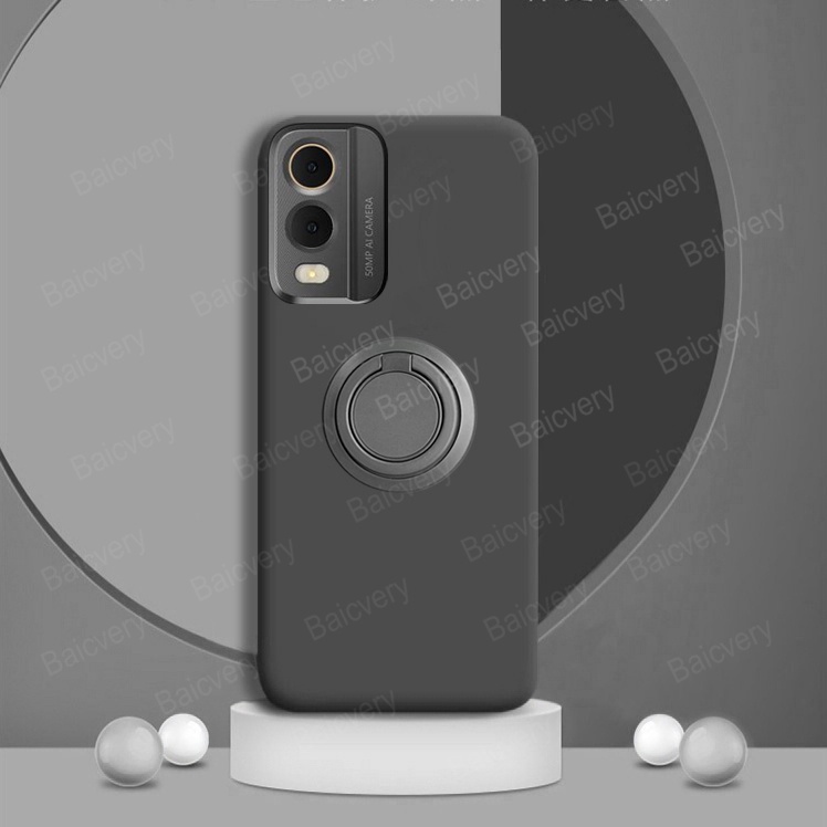 เคสโทรศัพท์มือถือ ซิลิโคนนิ่ม TPU กันกระแทก พร้อมที่ตั้งวาง สีดํา สําหรับ Nokia C31 C32 TA-1534 TA-1