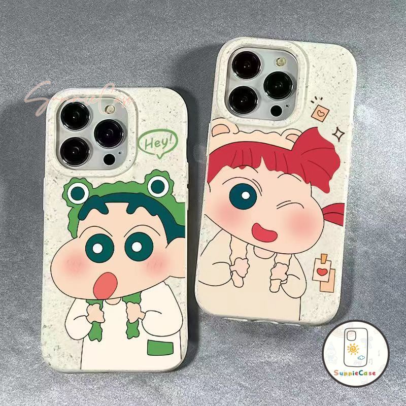การ์ตูนดินสอสีชินจังซากุระดะน่ารักคู่ย่อยสลายได้ iPhone 11 15 12 14 13 Pro Max 7Plus X XR XS Max 8 6S 7 6 Plus SE 2020
