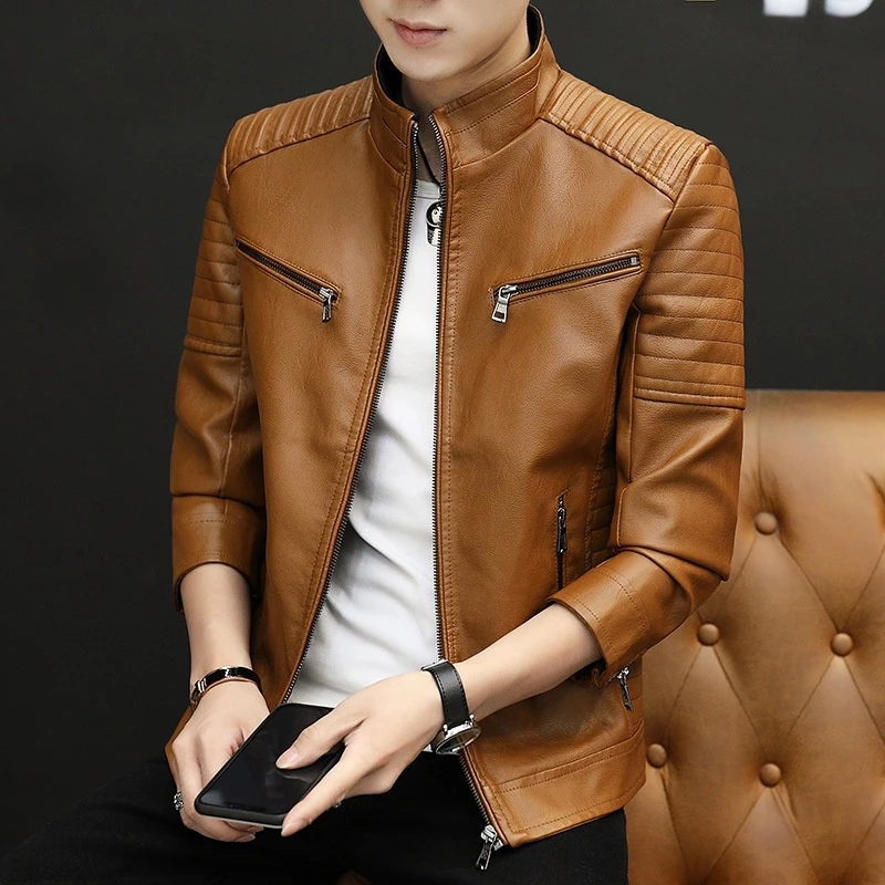 แจ็กเก็ตหนังขี่มอเตอร์ไซค์ผู้ชาย การออกแบบซิป ขนาดใหญ่