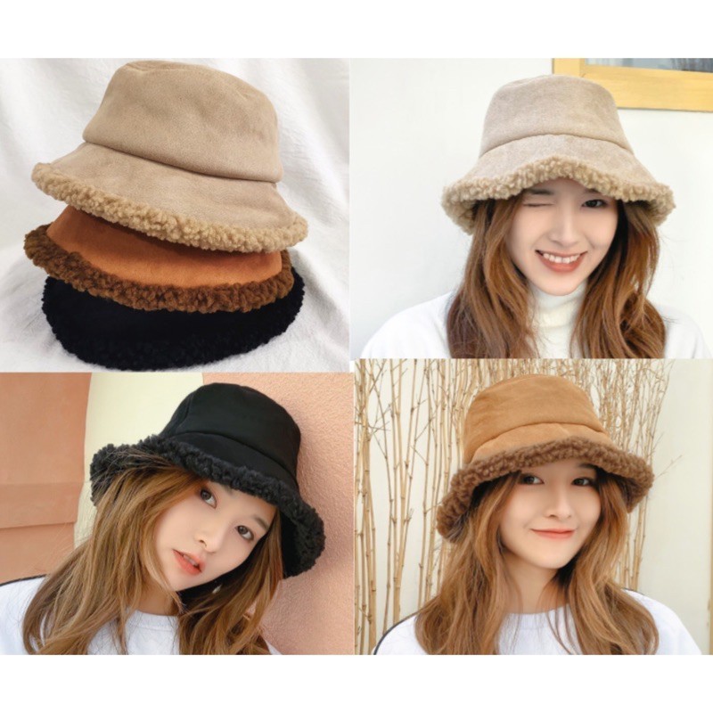 (LV) หมวกทรงบัคเก็ต กันหนาว ขนเทียมซับใน