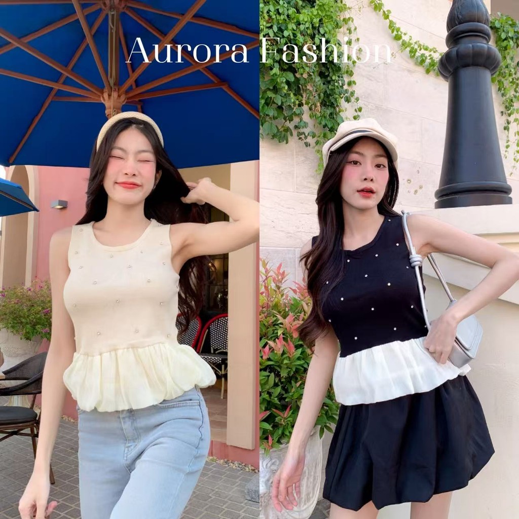 Aurora🛒พร้อมส่ง🚚(รูปถ่ายจากงานจริง) เสื้อกล้ามไหมพรม คอกลม แต่งปลายสีครีม น่ารัก