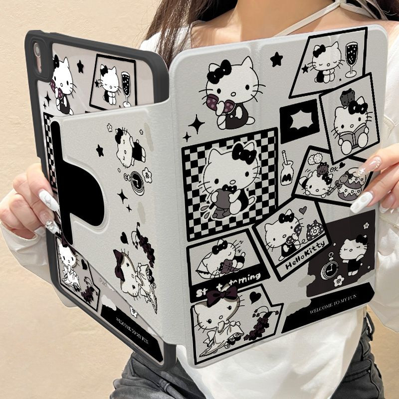 [เคสสำหรับไอแพด ปรับได้ 360 องศา] Black Reading Hellokitty เหมาะสําหรับ อะคริลิค iPad Air6 Gen7/8/9 10.2 Gen5/6 9.7 Air4 Air5 10.9 Pro11 2018/2020/2021/2024 Gen10