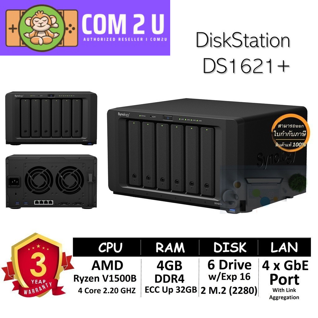 Synology NAS DiskStation รุ่น DS1621+ (HDD 6 Bay w/Exp 16 Drive + 2 M.2, Quad Core 2.2 GHz, 4GB DDR4