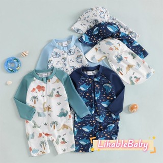 เด็กวัยหัดเดินเด็กชายไดโนเสาร์/ฉลามพิมพ์แขนยาวซิปผื่นยามชุดว…
