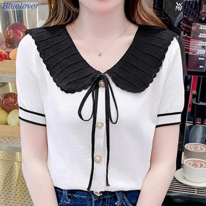 คนรักสีฟ้า ฤดูร้อนเกาหลีหวานโบว์ผูกนัวเนียตุ๊กตาคอปกแขนสั้นอเนกประสงค์เสื้อถักสําหรับผู้หญิงใหม่ - รูปที่ 2