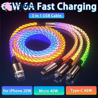 Vanes1 สายชาร์จเร็ว RGB 66W 6A RGB 3 IN 1 Type C Micro USB ชาร์จเร็ว สําหรับโทรศัพท์มือถือ