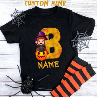 เสื้อยืดแขนสั้น พิมพ์ลาย Happy Halloween Initial Custom Name สีดํา สําหรับเด็กผู้หญิง