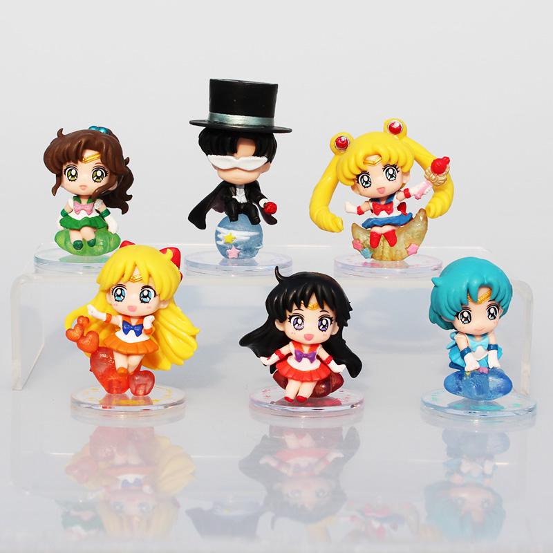 6 ชิ้น/ล็อต Sailor Moon Tsukino Usagi Tuxedo Mask Sailor Venus Mercury Mars Jupiter PVC ตัวเลขของเล่