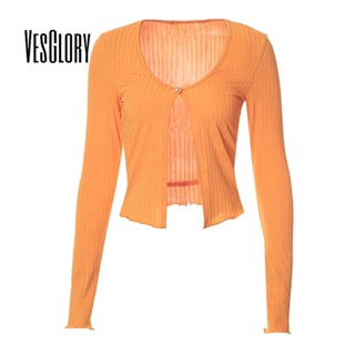 Vesglory เสื้อครอปท็อป เสื้อคาร์ดิแกน คอกลม แขนยาว สีพื้น ทรงสลิมฟิต แฟชั่นสําหรับผู้หญิง 2023