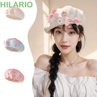 Hilario หมวกเบเร่ต์ ทรงแปดเหลี่ยม ประดับโบว์ ลายดอกไม้ สีพื้น สไตล์ญี่ปุ่น สําหรับผู้หญิง Y2k