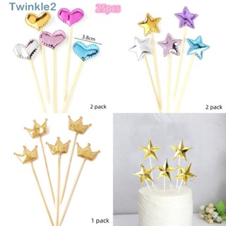 Twinkle ท็อปเปอร์เค้ก ลายมงกุฎดาว หัวใจ สองด้าน สีโรสโกลด์ เงิน ฟ้า เหลือง 4.33 นิ้ว x 1.5 นิ้ว สําหรับตกแต่งเค้ก งานแต่งงาน หมั้น 25 ชิ้น