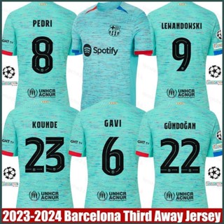 เสื้อกีฬาแขนสั้น ลายทีม Barcelona Third Away Gundogan Gavi Kounde Lewandowski Pedri Jersey พลัสไซซ์ SY3 2023-2024