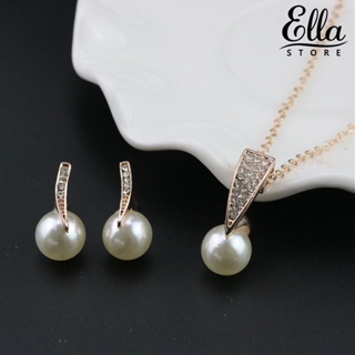 Ellastore123 ชุดสร้อยคอ ต่างหู ประดับไข่มุกเทียม พลอยเทียม สเตนเลส สวยหรู ของขวัญ สําหรับผู้หญิง เจ้าสาว งานแต่งงาน 1 ชุด