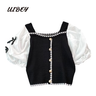 Uibey เสื้อเชิ้ตแขนพัฟ ผ้าถัก แฟชั่น 7160