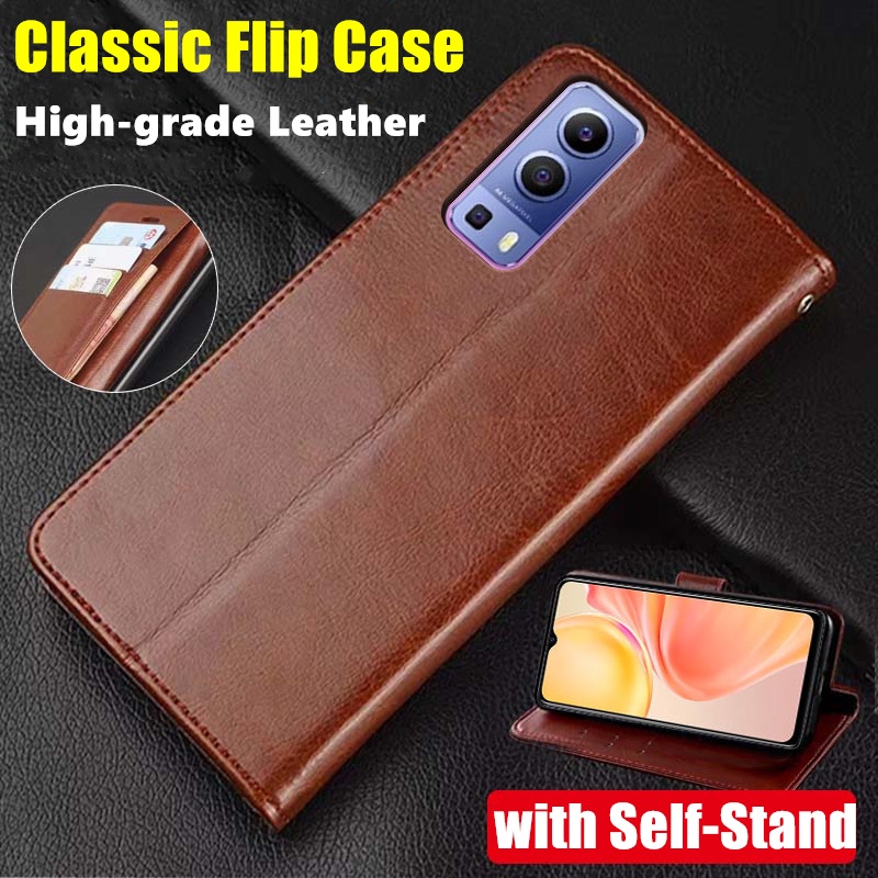 เคสหนังวัวแท้ ฝาพับ พร้อมช่องใส่บัตร ขาตั้ง สไตล์วินเทจ สําหรับ Vivo Y72 Y52 5G V2041 V2053