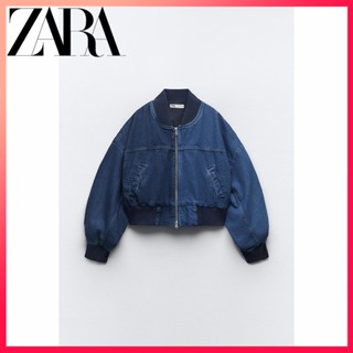 Zara ใหม่ เสื้อแจ็กเก็ตยีน บอมเบอร์ สีตัดกัน แฟชั่นฤดูใบไม้ร่วง สําหรับผู้หญิง