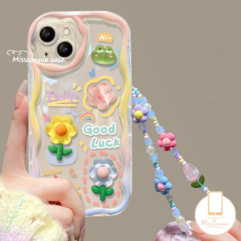 เคสโทรศัพท์มือถือ Tpu นิ่ม ขอบโค้ง ลายการ์ตูนกบ ดอกไม้ 3D พร้อมสายคล้องมือ สําหรับ IPhone 11 14 13 12 Pro MAX 7 6S 8 6 Plus XR 7plus X XS MAX SE 2020
