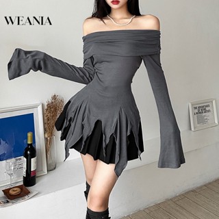 Weania เสื้อแขนยาว เปิดไหล่ เข้ารูป สีพื้น แฟชั่นสไตล์สตรีท สําหรับผู้หญิง