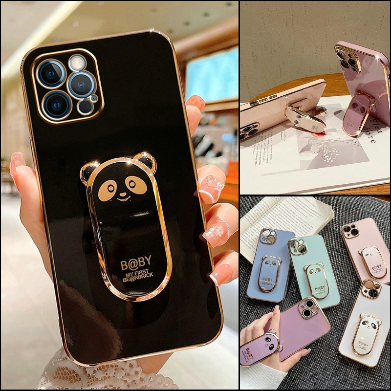 เคส Samsung A16 A06 A15 A14 A13 A12 M12 A11 M11 A05 A05S A04 A04S A03 A03S A02 A02S A21S A20S A10 A10S 4G 5G Plating Panda Folding Bracket Soft Case