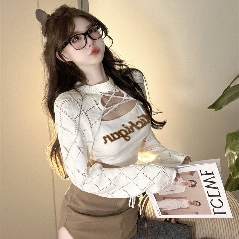 Desire Chic เสื้อคาร์ดิแกน แขนกุด ผ้าถัก ฉลุลาย สองชิ้น สไตล์อเมริกัน เหมาะกับฤดูร้อน 9TMI