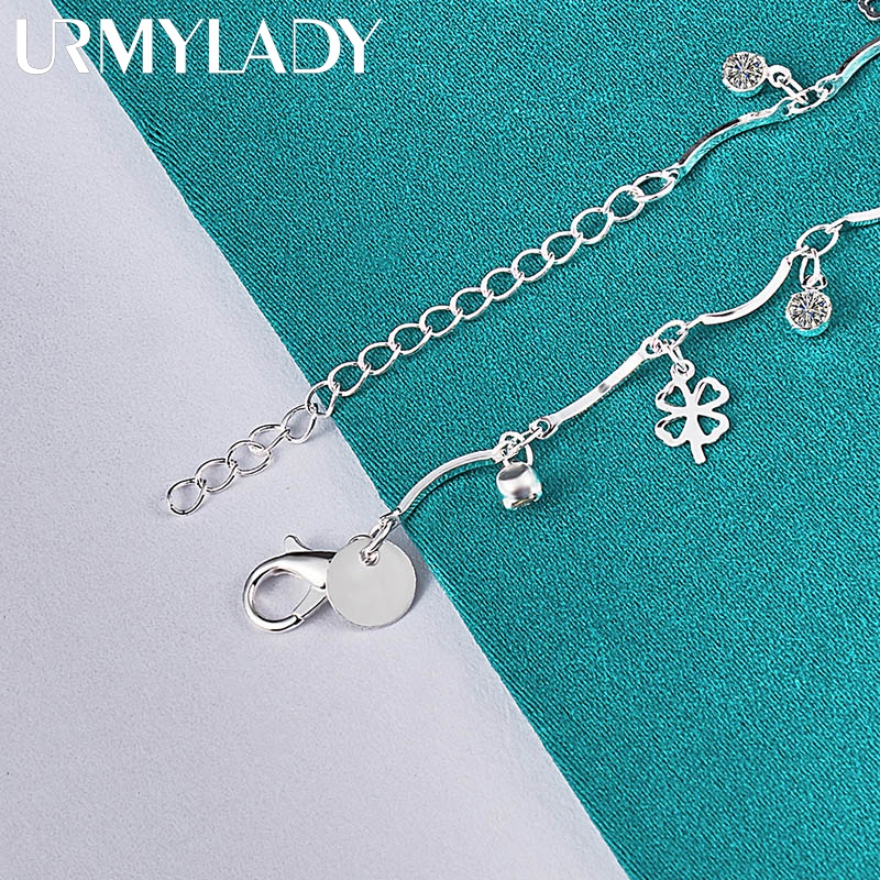 Urmylady สร้อยข้อมือเงินแท้ 925 จี้เพทาย รูปใบโคลเวอร์สี่แฉก ทรงกลม เครื่องประดับแฟชั่น สําหรับผู้หญิง งานแต่งงาน ปาร์ตี้